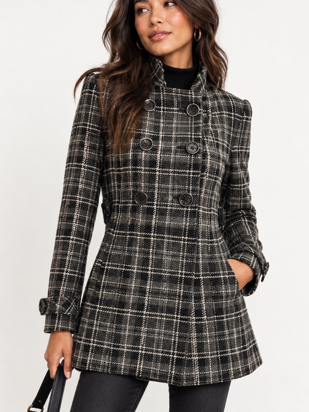 Kenneth Cole Y2K Plaid Double Breasted Peacoat Wool Blend Military Style Medium